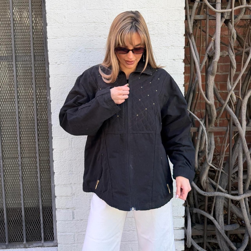 Vintage Black quilted outbrook lightweight bomber jacket with gold studs sz L